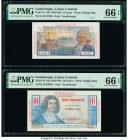 Guadeloupe Caisse Centrale de la France d'Outre-Mer 5; 10 Francs ND (1947-49) Pick 31; 32 Two Examples PMG Gem Uncirculated 66 EPQ (2). 

HID098012420...