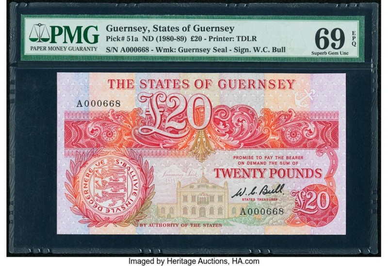 Guernsey States of Guernsey 20 Pounds ND (1980-89) Pick 51a PMG Superb Gem Unc 6...
