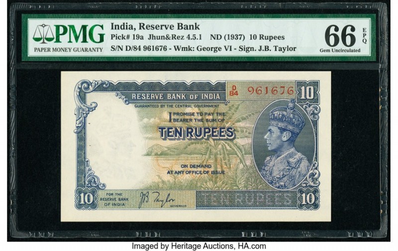 India Reserve Bank of India 10 Rupees ND (1937) Pick 19a Jhun4.5.1 PMG Gem Uncir...