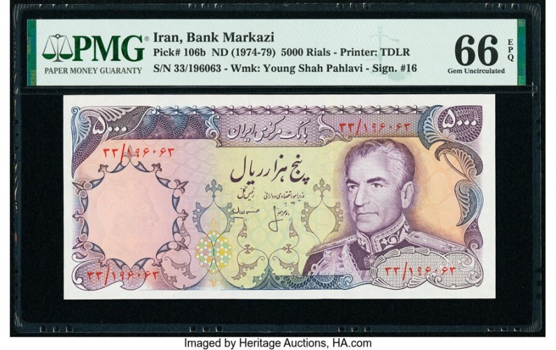 Iran Bank Markazi 5000 Rials ND (1974-79) Pick 106b PMG Gem Uncirculated 66 EPQ....