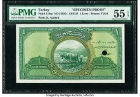 Turkey Ministry of Finance 1 Livre ND (1926) / AH1341 Pick 119sp Specimen Proof PMG About Uncirculated 55 EPQ. Perforated cancelled and punch hole can...