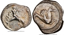 CALABRIA. Tarentum. Ca. 500-480 BC. AR didrachm (20mm, 7.29 gm, 3h). NGC XF 4/5 - 1/5, light smoothing. TAPAΣ, Taras astride dolphin right, octopus in...