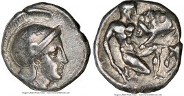 CALABRIA. Tarentum. Ca. 380-280 BC. AR diobol (11mm, 7h). NGC Choice VF. Ca. 325-280 BC. Head of Athena right, wearing crested Attic helmet decorated ...