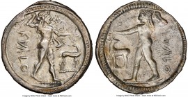 BRUTTIUM. Caulonia. Early 5th century BC. AR stater or nomos (28mm, 7.45 gm, 12h). NGC XF 5/5 - 3/5, brushed. Ca. 500-480 BC. KAVΛO (retrograde), full...