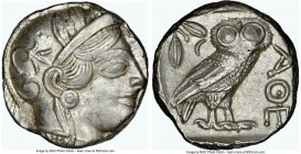 ATTICA. Athens. Ca. 440-404 BC. AR tetradrachm (23mm, 17.22 gm, 9h). NGC AU 3/5 - 4/5. Mid-mass coinage issue. Head of Athena right, wearing crested A...