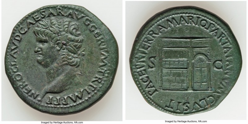 Nero (AD 54-68). AE sestertius (35mm, 27.09 gm, 7h). About XF, smoothing, tooled...