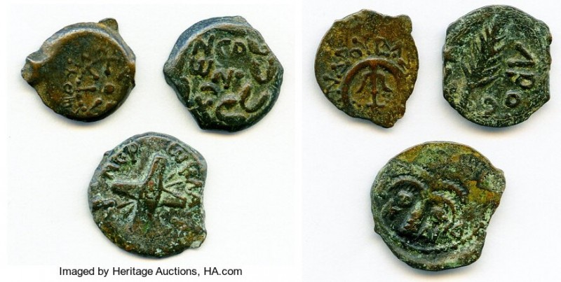 ANCIENT LOTS. Judaea. AD 1st century. Lot of three (3) AE prutahs. Fine. Include...