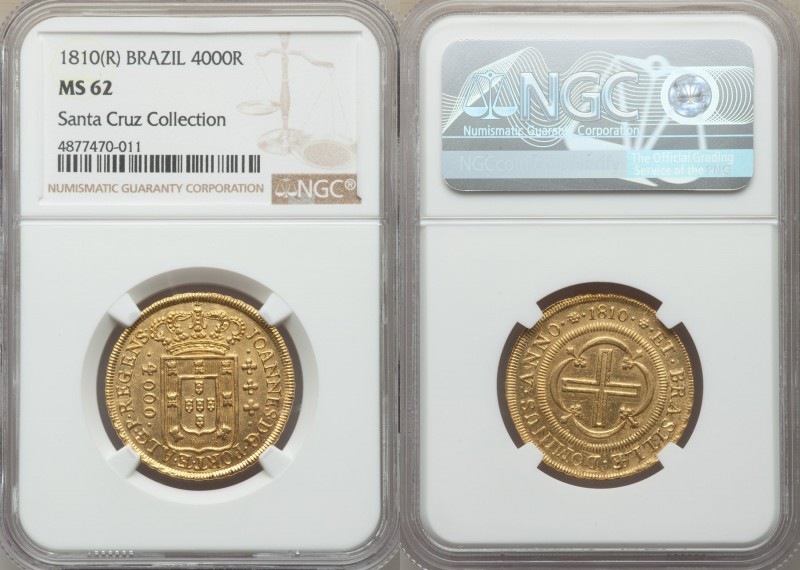 João Prince Regent gold 4000 Reis 1810-(R) MS62 NGC, Rio de Janeiro mint, KM235....