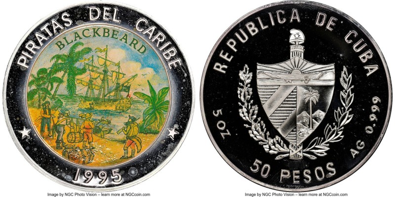 Republic Proof Colorized "Blackbeard" 50 Pesos (5 oz) 1995 PR65 Ultra Cameo NGC,...