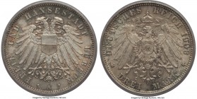 Lübeck. Free City 3 Mark 1908-A MS67 PCGS, Berlin mint, KM215. Currently tied for the finest example yet seen by PCGS, this somewhat scarcer and highl...