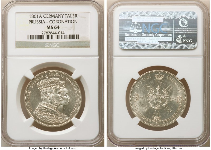Prussia. Wilhelm I Taler 1861-A MS64 NGC, Berlin mint, KM490. Crisply struck wit...