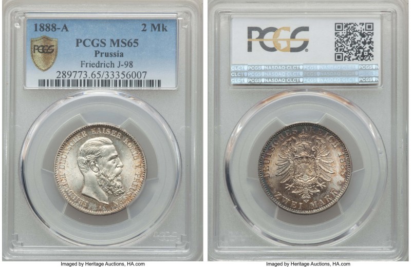 Prussia. Friedrich III 2 Mark 1888-A MS65 PCGS, Berlin mint, KM510, J-98. One ye...