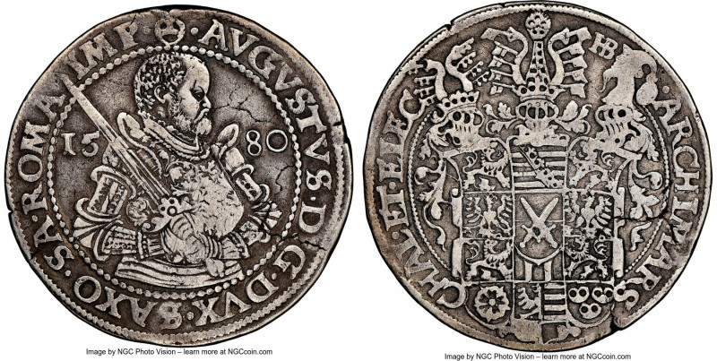 Saxony. August Taler 1580-HB XF45 NGC, Dresden mint, Dav-9798. Includes dealer t...