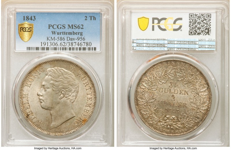 Württemberg. Wilhelm I 2 Taler 1843 MS62 PCGS, KM586, Dav-956. Also valued at 3-...