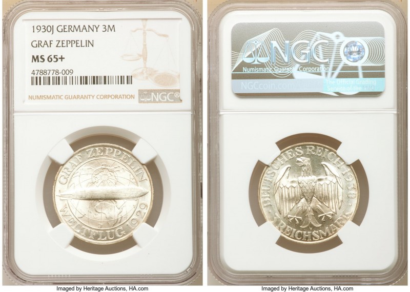 Weimar Republic "Zeppelin" 3 Mark 1930-J MS65+ NGC, Hamburg mint, KM67. Graf Zep...