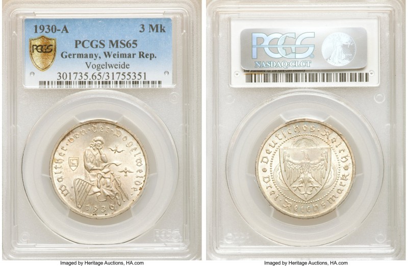 Weimar Republic "Vogelweide" 3 Mark 1930-A MS65 PCGS, Berlin mint, KM69. 700th a...