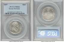 William III Shilling 1697 MS62 PCGS, KM485.1. A silvery near-choice representative, starkly haymarked and clearly struck from quite abraded dies. Ex. ...