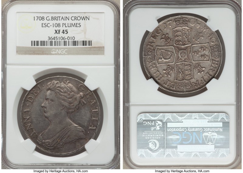 Anne Crown 1708 XF45 NGC, KM526.3, ESC-108. "Septimo" edge. Plumes. A pleasing e...