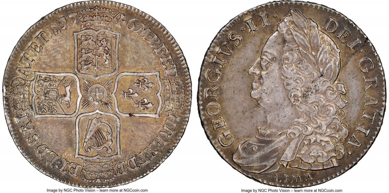 George II "Lima" 1/2 Crown 1746 AU55 NGC, KM584.3, S-3695. Struck with Spanish s...