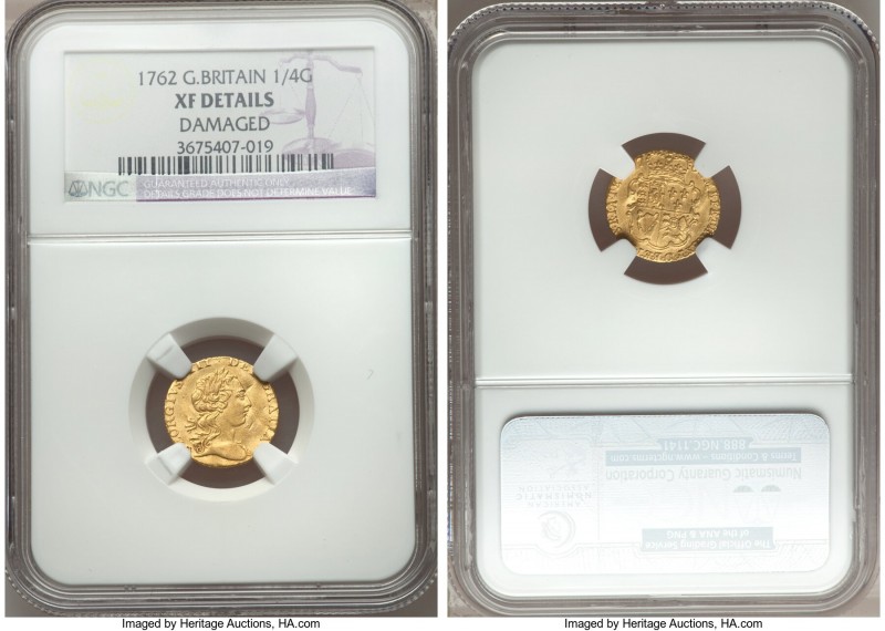 George III gold 1/4 Guinea 1762 XF Details (Damaged) NGC, KM592, S-3741. One yea...