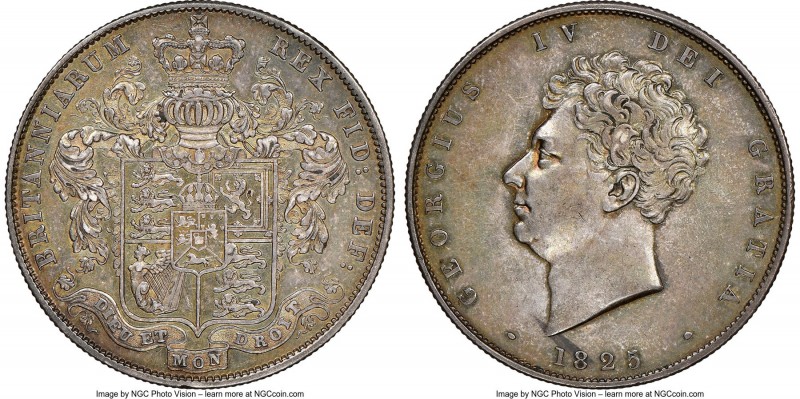 George IV 1/2 Crown 1825 AU58 NGC, KM695. Olive-gray and gold toning. 

HID098...