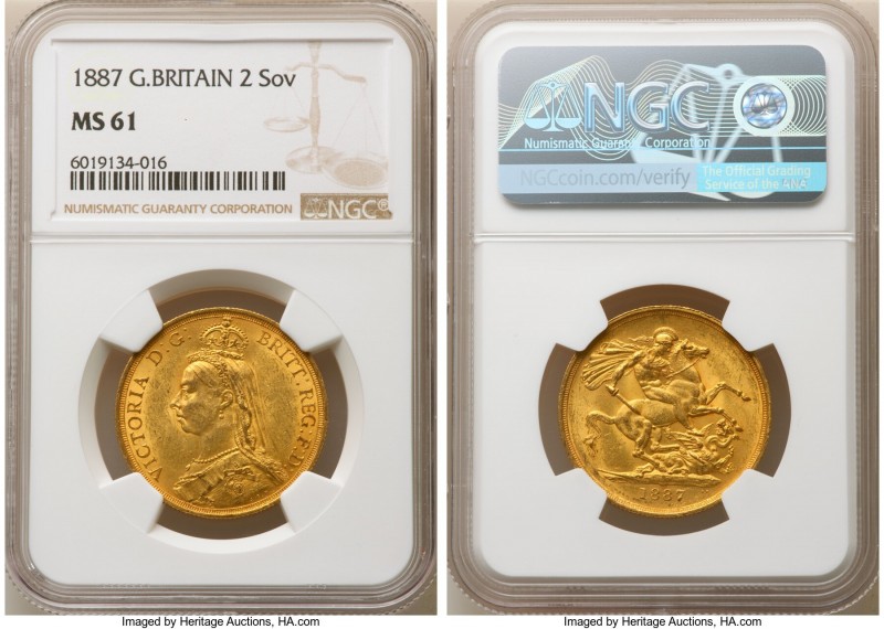 Victoria gold 2 Pounds 1887 MS61 NGC, KM768, S-3865. AGW 0.471 oz. 

HID098012...