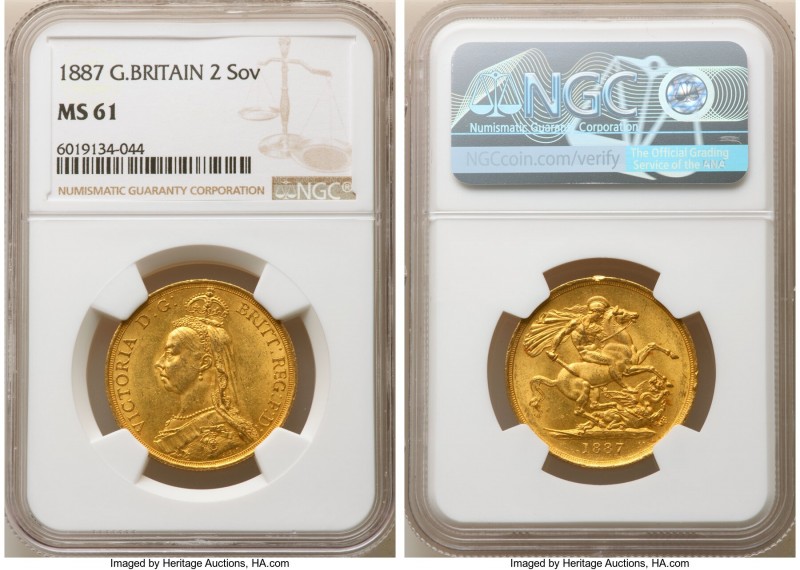 Victoria gold 2 Pounds 1887 MS61 NGC, KM768, S-3865. AGW 0.471 oz. 

HID098012...