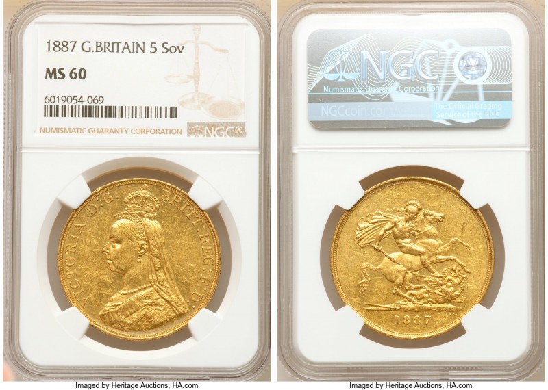 Victoria gold 5 Pounds 1887 MS60 NGC, KM769, S-3864. Semi-prooflike fields, yell...