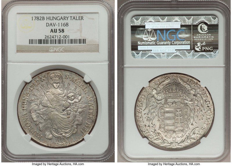 Joseph II Taler 1782 B-X AU58 NGC, Kremnitz mint, KM395.1, Dav-1168B. Holder mis...