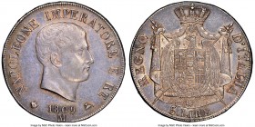 Kingdom of Napoleon. Napoleon 5 Lire 1809-M AU55 NGC, Milan mint, KM10.1. Raised edge lettering. Argent with lavender and orange toning. 

HID098012...