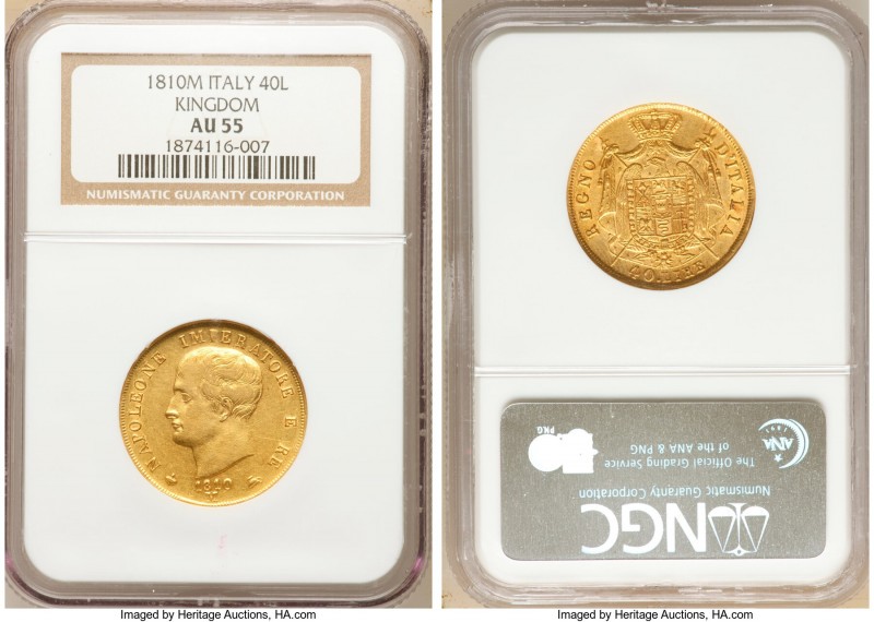 Kingdom of Napoleon. Napoleon gold 40 Lire 1810-M AU55 NGC, Milan mint, KM12. AG...