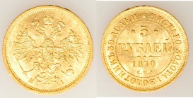 Alexander II gold 5 Roubles 1870 CПБ-HI UNC, St. Petersburg mint, KM-YB26, Bit-18. 22.7mm. 6.54gm. AGW 0.1929 oz. 

HID09801242017

© 2020 Heritag...