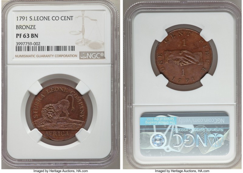 British Colony. Sierra Leone Company bronze Proof Cent 1791 PR63 Brown NGC, KM1....