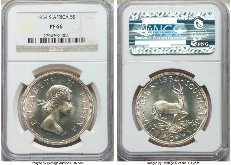 Elizabeth II Proof 5 Shillings 1954 PR66 NGC, South Africa mint, KM52. Mintage: ...