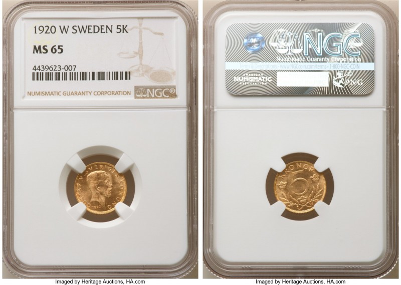 Gustaf V gold 5 Kronor 1920-W MS65 NGC, Stockholm mint, KM797, Fr-97.

HID0980...