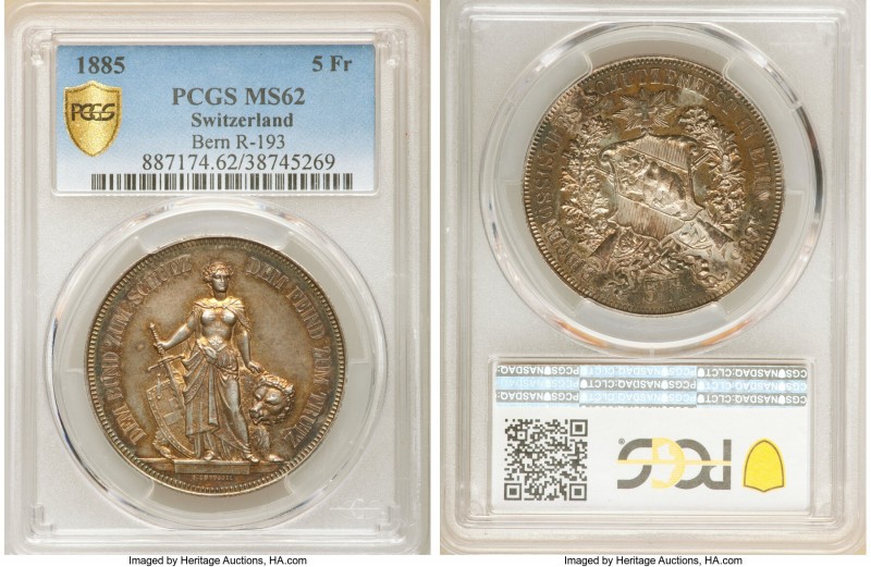 Confederation "Bern Shooting Festival" 5 Francs 1885 MS62 PCGS, KM-XS17, Richter...