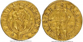 Transylvania. Sigismund Bathory gold Ducat 1592 AU53 NGC, Fr-297, Resch-95. 3.43gm. S LADISI * | * | * I * LAVS • (rosette stops) REX Sigismund, crown...