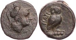 APULIEN TEATE
 AE-Quincunx 225-200 v. Chr. Vs.: Kopf der Athena mit korinthischem Helm n. r., Rs.: TIATI, Eule auf Stab n. r., Kopf v. v., darunter f...