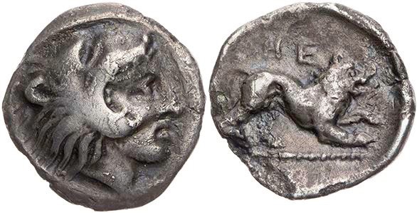 LUKANIEN HERAKLEIA
 AR-Diobol um 425 v. Chr. Vs.: Kopf des jugendlichen Herakle...