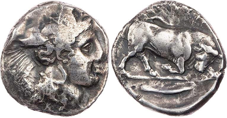 LUKANIEN THOURIOI
 AR-Didrachme/Nomos 400-350 v. Chr. Vs.: Kopf der Athena mit ...
