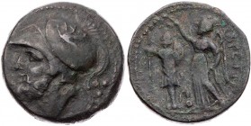 BRUTTIUM BRETTISCHE LIGA
 AE-Didrachme 214-211 v. Chr. Vs.: Kopf des Ares mit korinthischem Helm n. l., rechts zwei Wertkugeln, unten Ähre, Rs.: Nike...