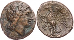 SIZILIEN SYRAKUS
Hiketas, 287-278 v. Chr. AE-Litra Vs.: Kopf des Zeus Hellanios mit Lorbeerkranz n. r., Rs.: Adler steht auf Blitzbündel n. l., links...
