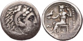 MAKEDONIEN, KÖNIGREICH
Alexander III., 336-323 v. Chr. AR-Drachme 310-301 v. Chr. Lampsakos Vs.: Kopf des Herakles mit Löwenskalp n. r., Rs.: Zeus ae...