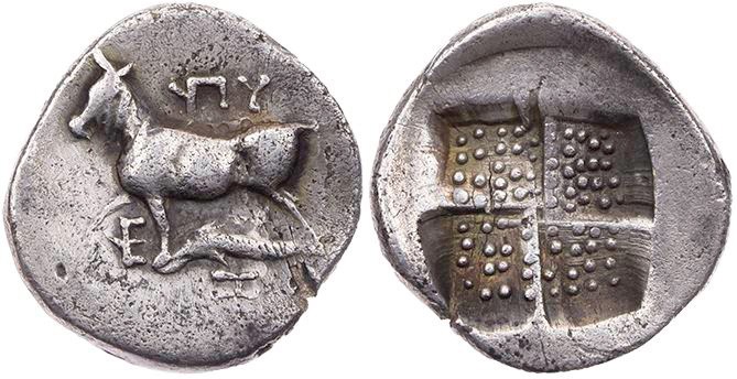 THRAKIEN BYZANTION
 AR-Hemidrachme um 387 v. Chr. Vs.: Kuh steht auf Delphin n....