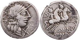 RÖMISCHE REPUBLIK
Q. Minucius Rufus, 122 v. Chr. AR-Denar Rom Vs.: Kopf der Roma mit geflügeltem Helm n. r., dahinter RVF, unter dem Kinn X, Rs.: Dio...
