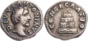 RÖMISCHE KAISERZEIT
Antoninus Pius, 138-161 n. Chr. AR-Denar nach 161 n. Chr., postum unter Marcus Aurelius Rom Vs.: DIVVS ANTONINVS, Kopf n. r., Rs....