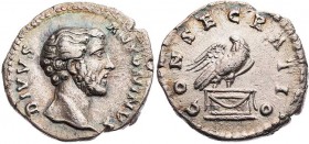 RÖMISCHE KAISERZEIT
Antoninus Pius, 138-161 n. Chr. AR-Denar nach 161 n. Chr., postum unter Marcus Aurelius Rom Vs.: DIVVS ANTONINVS, Kopf n. r., Rs....