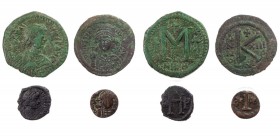 Lot, byzantinische Münzen AE-Prägungen: Iustinus I., Follis, Nikomedia; Iustinianus I., Halbfollis, Nikomedia, Jahr 13; Iustinianus I., Deka, Rom; Ius...