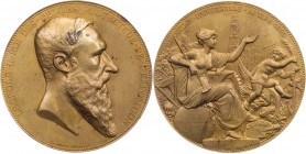 BELGIEN KÖNIGREICH
Leopold II., 1865-1909. Vergoldete Bronzemedaille 1885 v. Charles Wiener Auf die Internationale Ausstellung in Antwerpen, Vs.: Kop...