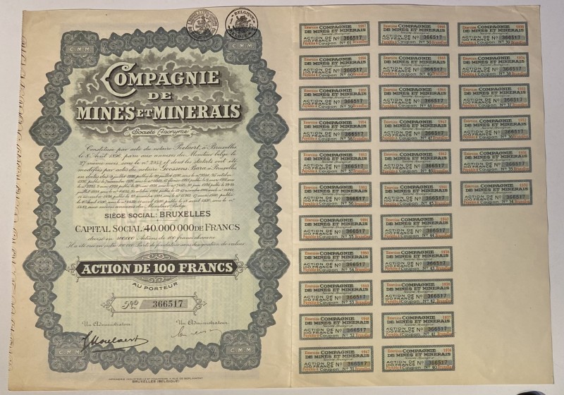 Belgium Brussels Mining and Minerals Company Share 100 Francs 1930
Compagnie de...